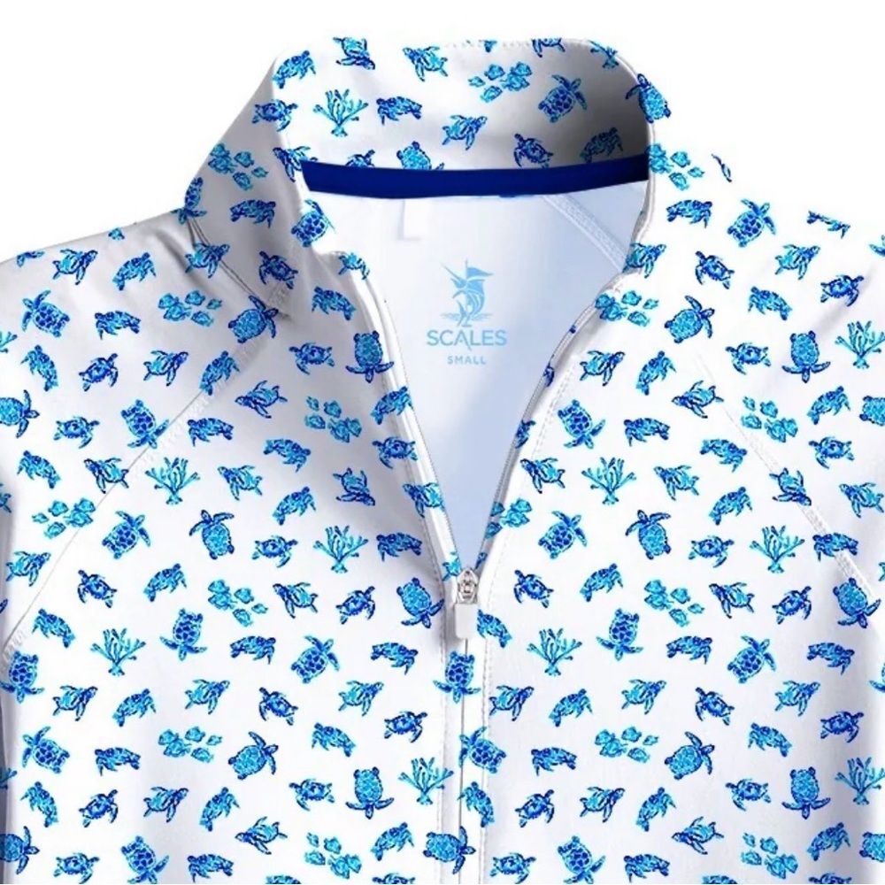 SCALES Turtle Print Women's Long Sleeve Quarter-Zip White Large Thumbholes